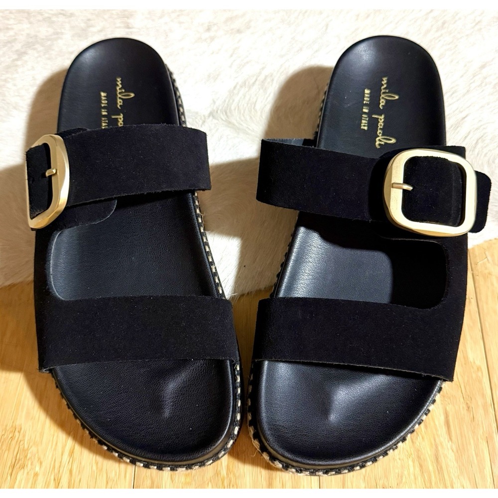 Mila Paoli leather suede black slip on sandals with gold buckle size 8 New